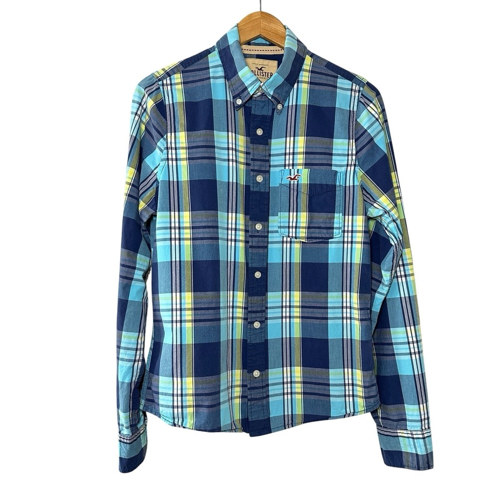 Hollister Plaid Button Down Shirt‎ Medium Blue Green Cotton Casual Coastal Prep